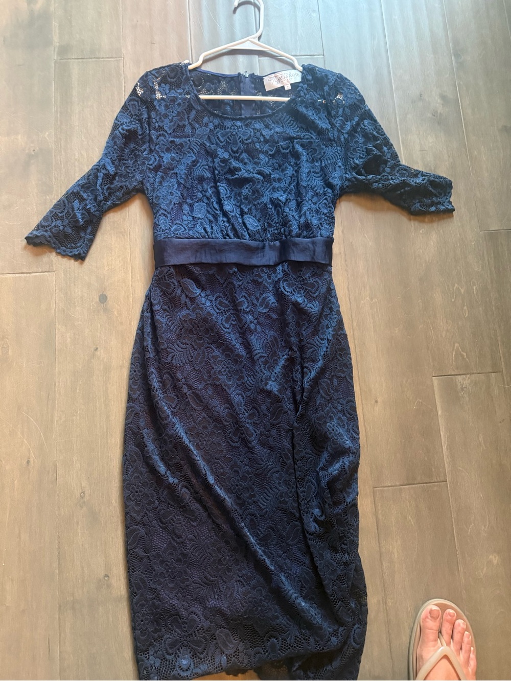 Maternity Lace-Overlay Navy Midi Dress with Waistband